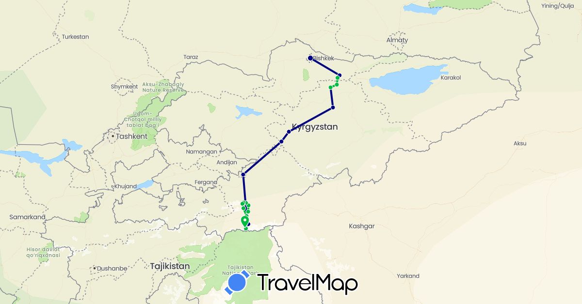 TravelMap itinerary: driving, bus in Kyrgyzstan (Asia)